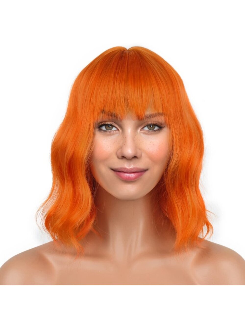 Women's Orange 12 Inch Loose Wavy Synthetic Shoulder Length Bob Wig Bangs
